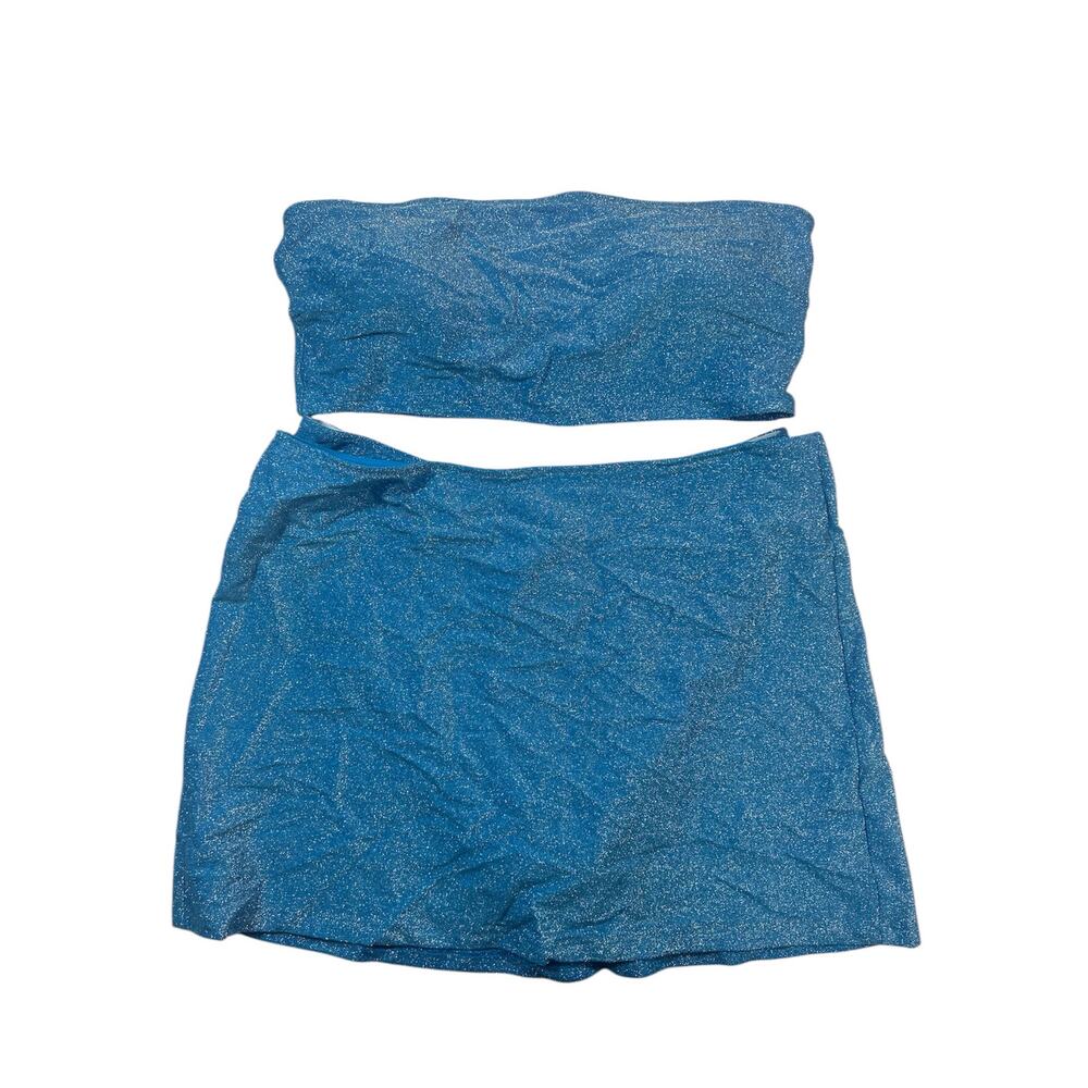 PINK 3 Piece Swim Size L Large Blue Shimmer NWOT Summer Swim Bathing‎ Suit - Picture 3 of 10